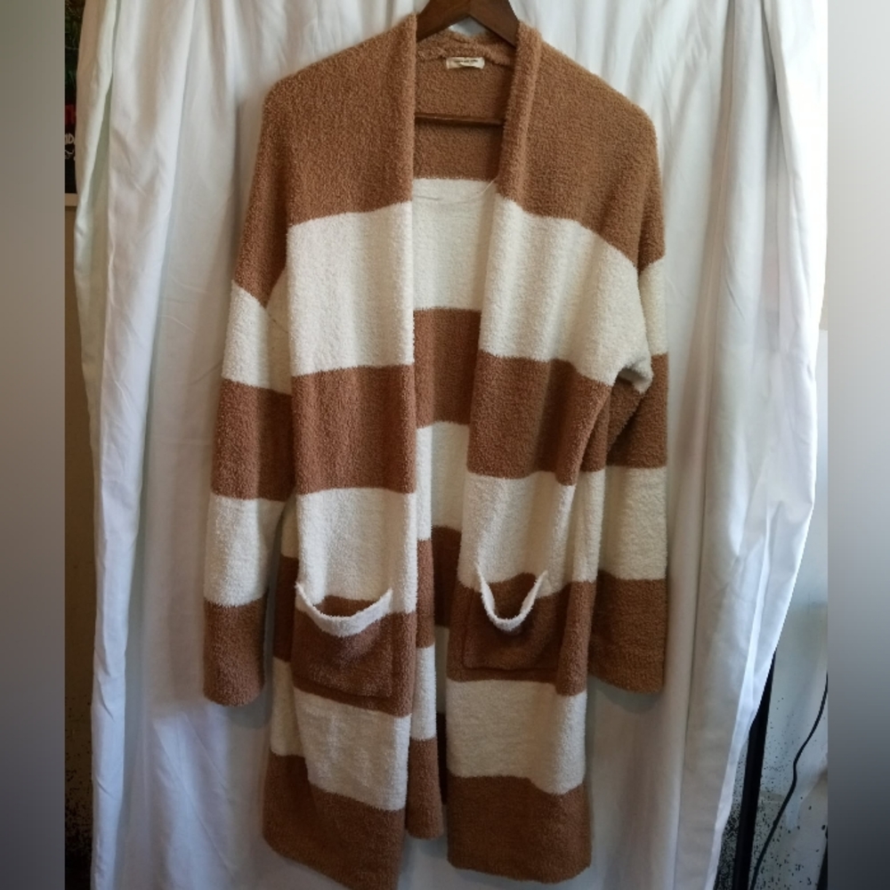 Thread & Supply Large Striped Cardigan Cream Brown Super Soft Pockets Long Cozy